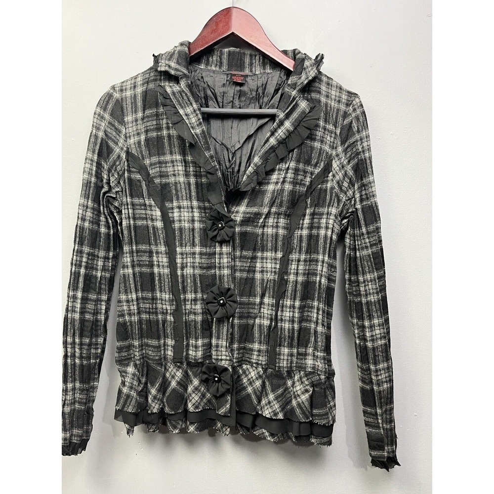 Alison Sheri Jacket Womens Small Black White Plaid Ruffle Flower Button C18594